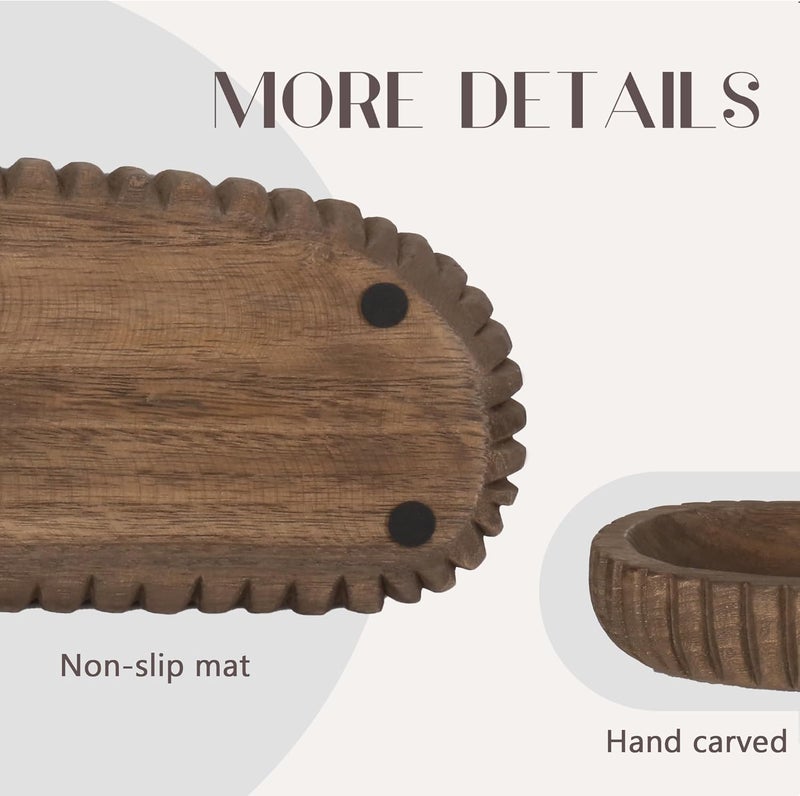 Oakrain Wooden Decorative Bowl for Home Decor, 16" Rustic Dough Bowl with Hand Carved Vertical Stripes, Long Wood Tray for Table Centerpieces, Brown - Image 3